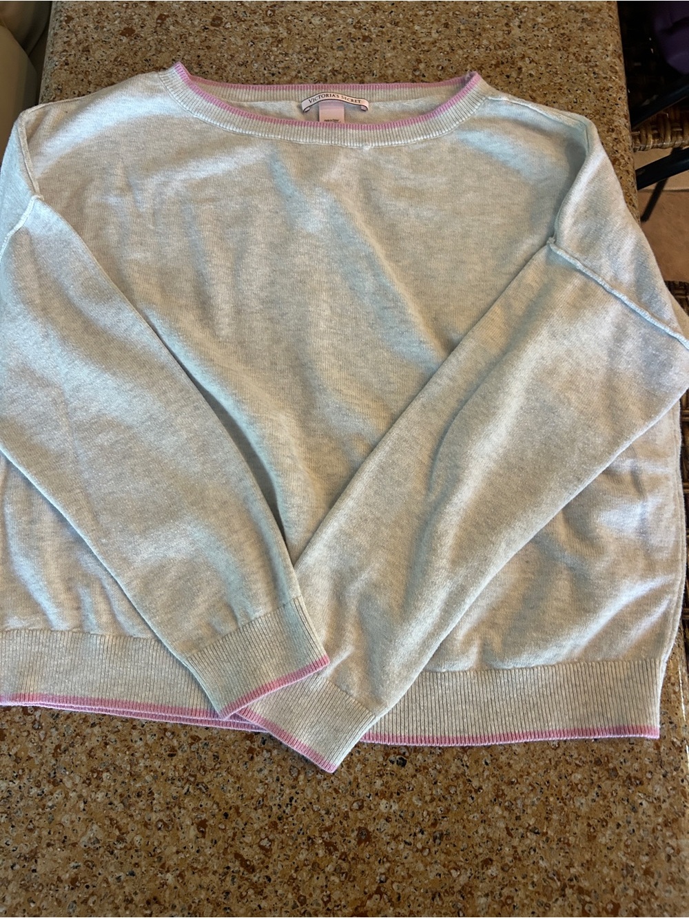 Light Gray Crewneck Sweater with Pink Trim - Women's